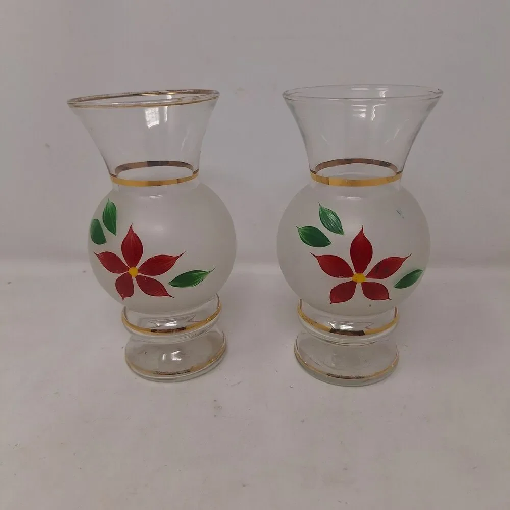 Vintage Bartlett Collins Poinsettia Frosted Bud Vases Set Of 2 Hand Painted